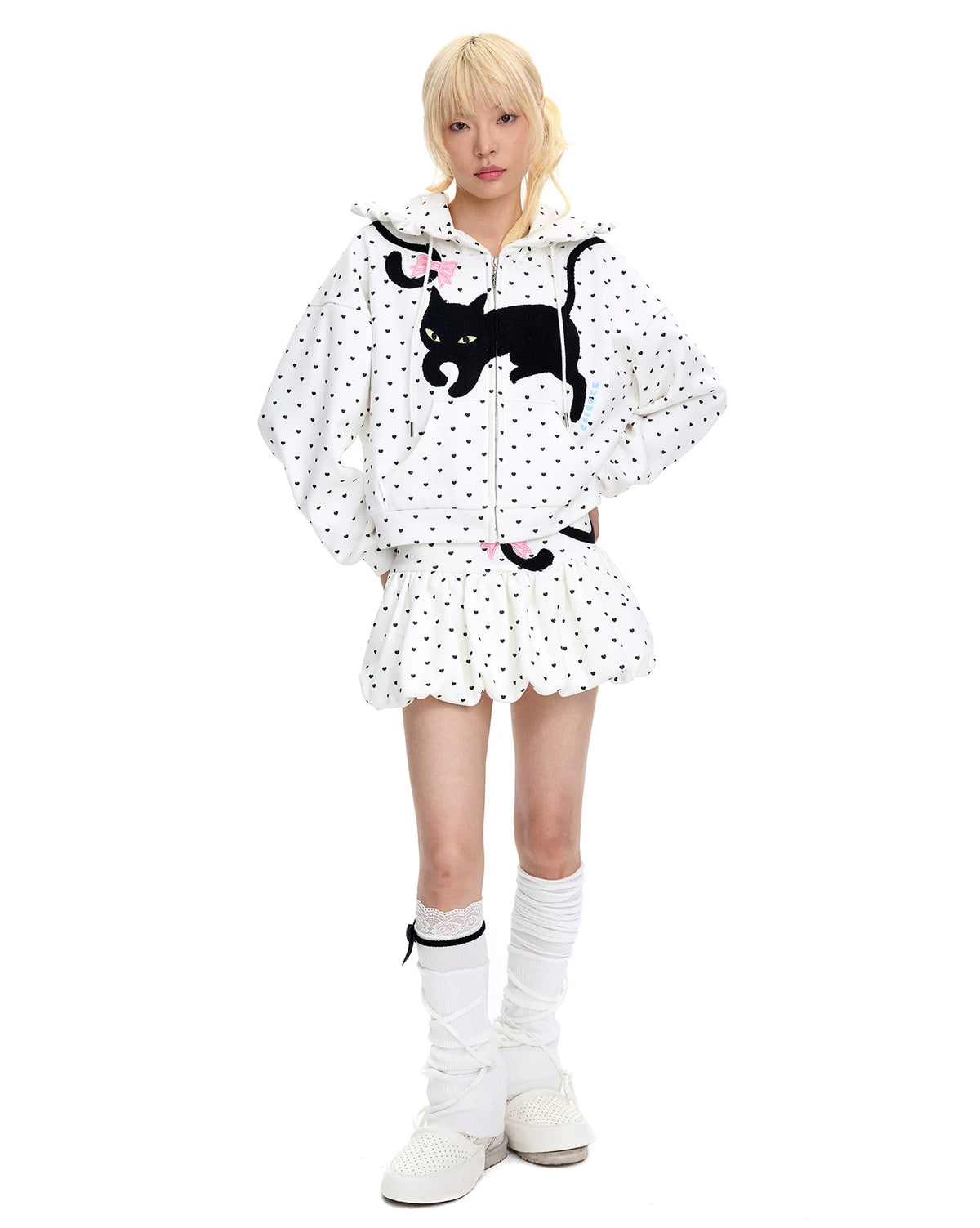 CFIERCE Cat-Tail Heart Dot Bubble Mini Skirt - white heart-dot bubble mini skirt worn with matching top