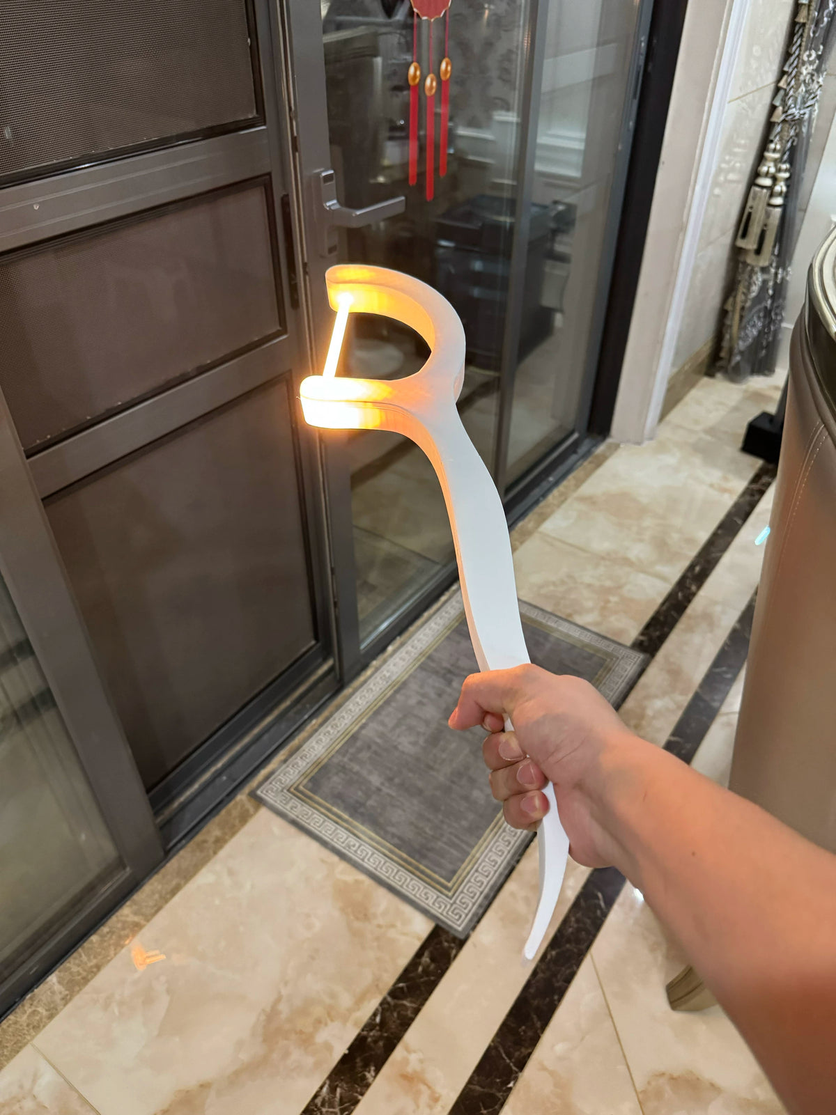White dental-floss-pick decor with warm light