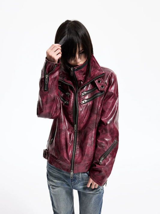 Lightinus Detachable Fur Collar Multi-Zip Faux Leather Jacket - Wine Red front