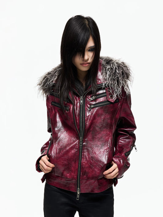 Lightinus Detachable Fur Collar Multi-Zip Faux Leather Jacket - Wine Red with fur collar