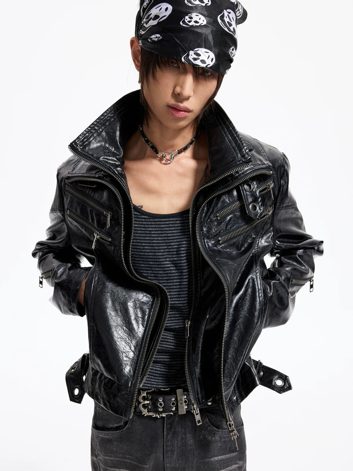 Lightinus Detachable Fur Collar Multi-Zip Faux Leather Jacket - Black front