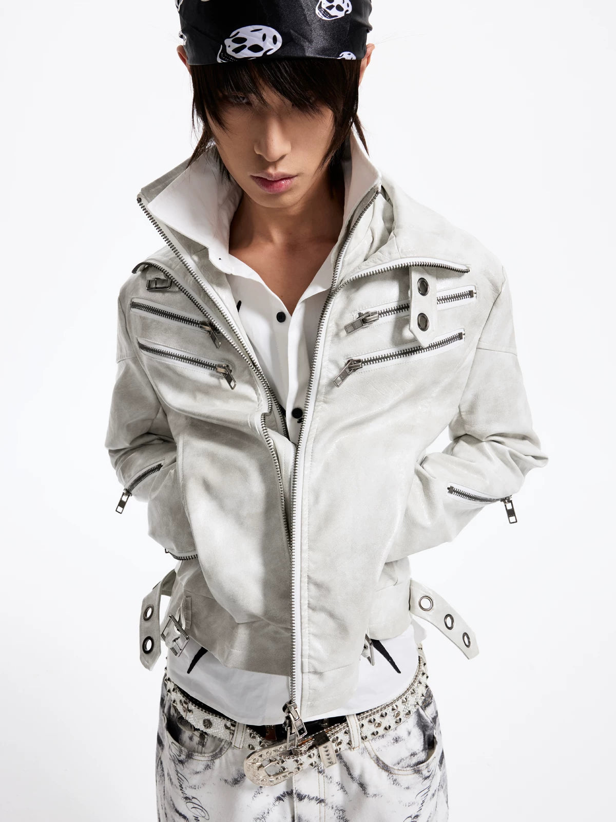 Lightinus Detachable Fur Collar Multi-Zip Faux Leather Jacket - White front