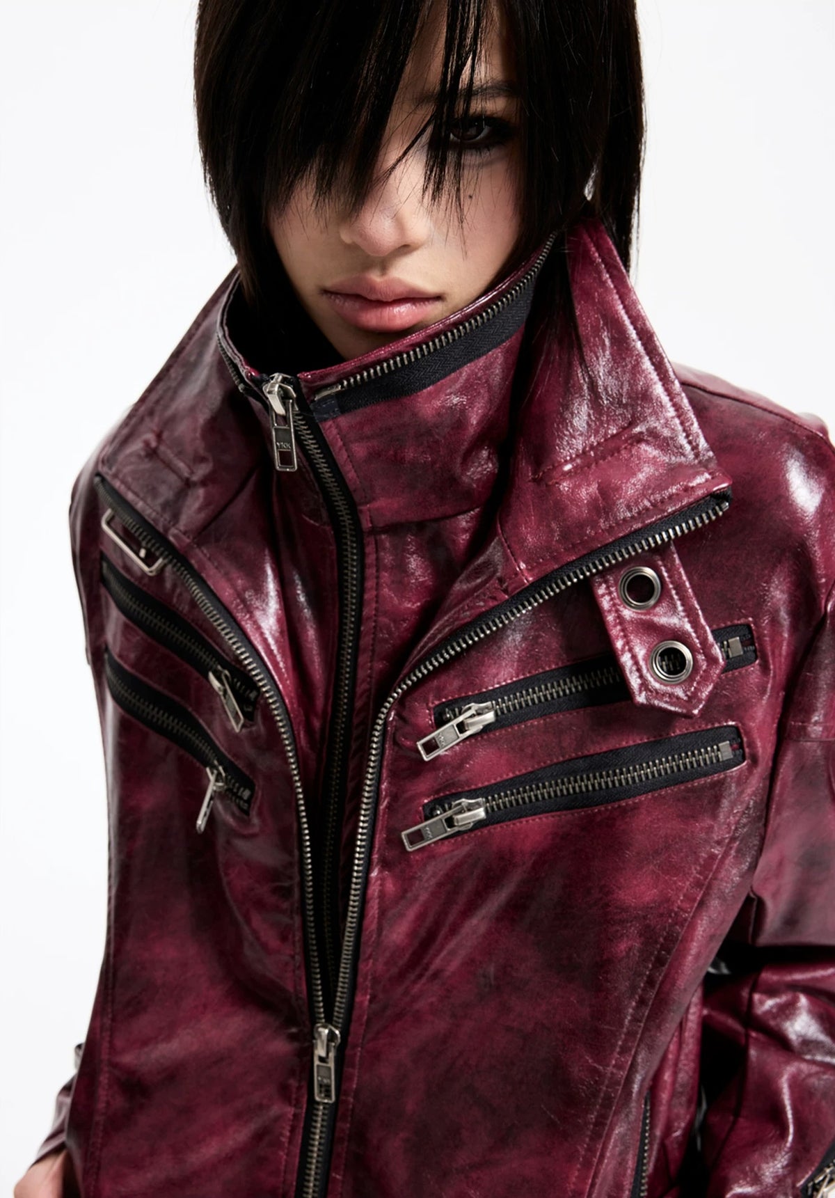 Lightinus Detachable Fur Collar Multi-Zip Faux Leather Jacket - Wine Red collar detail