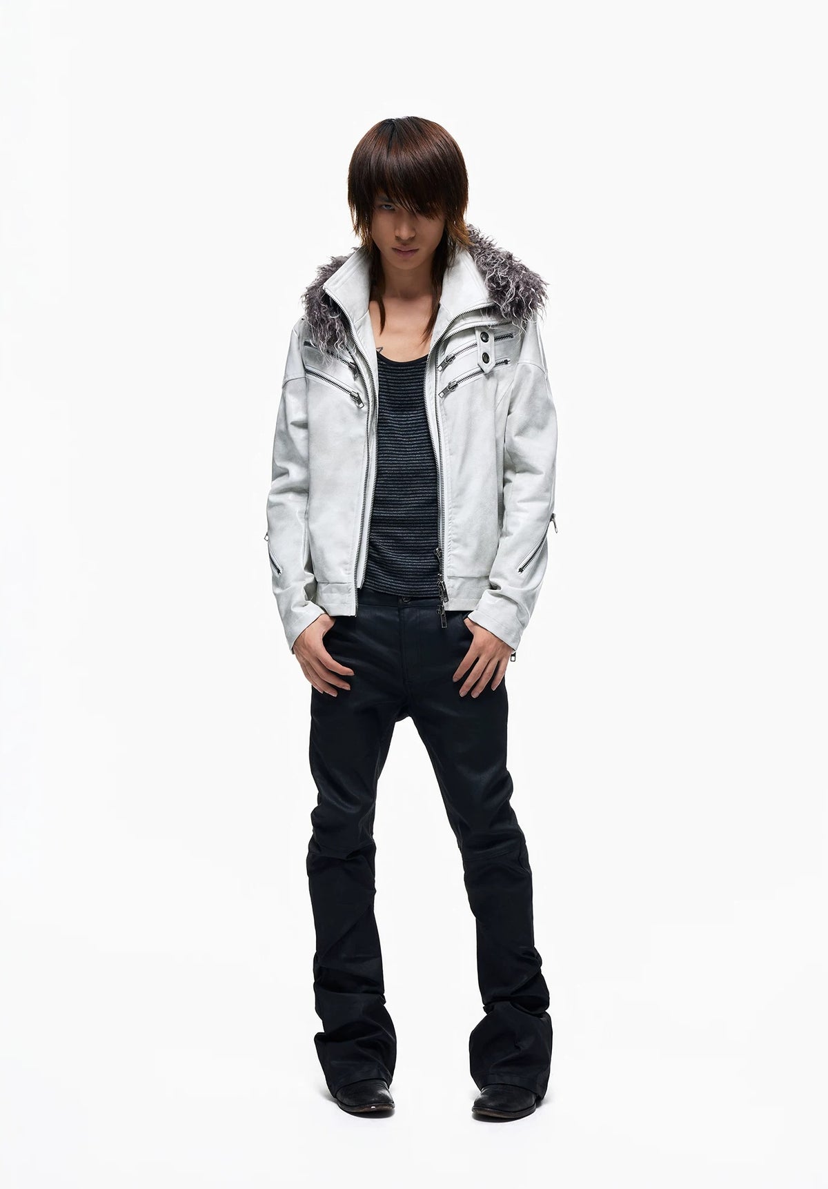 Lightinus Detachable Fur Collar Multi-Zip Faux Leather Jacket - White with fur collar full look