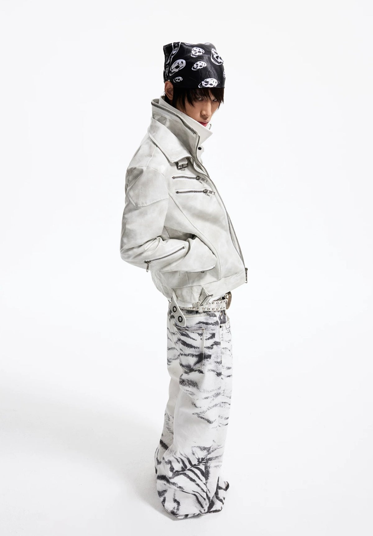 Lightinus Detachable Fur Collar Multi-Zip Faux Leather Jacket - White side view