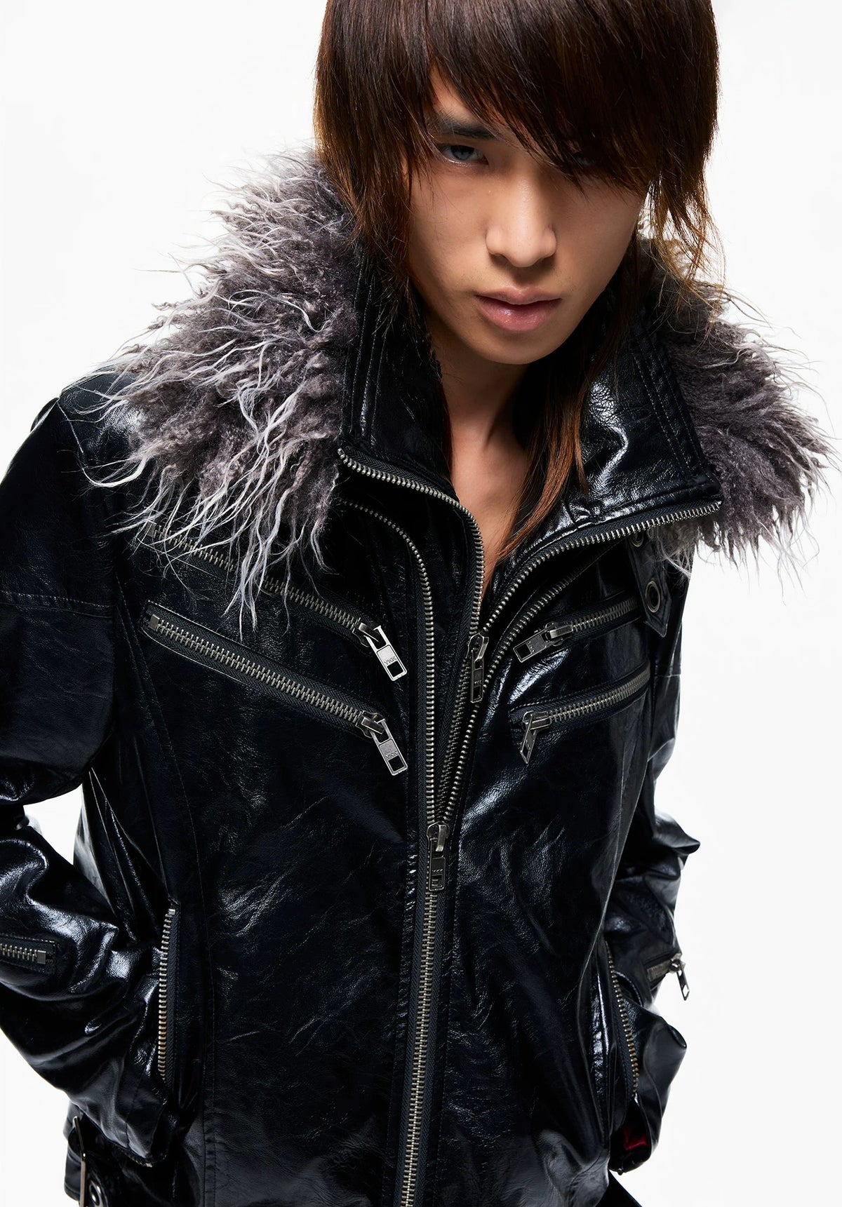 Lightinus Detachable Fur Collar Multi-Zip Faux Leather Jacket - Black fur collar close-up