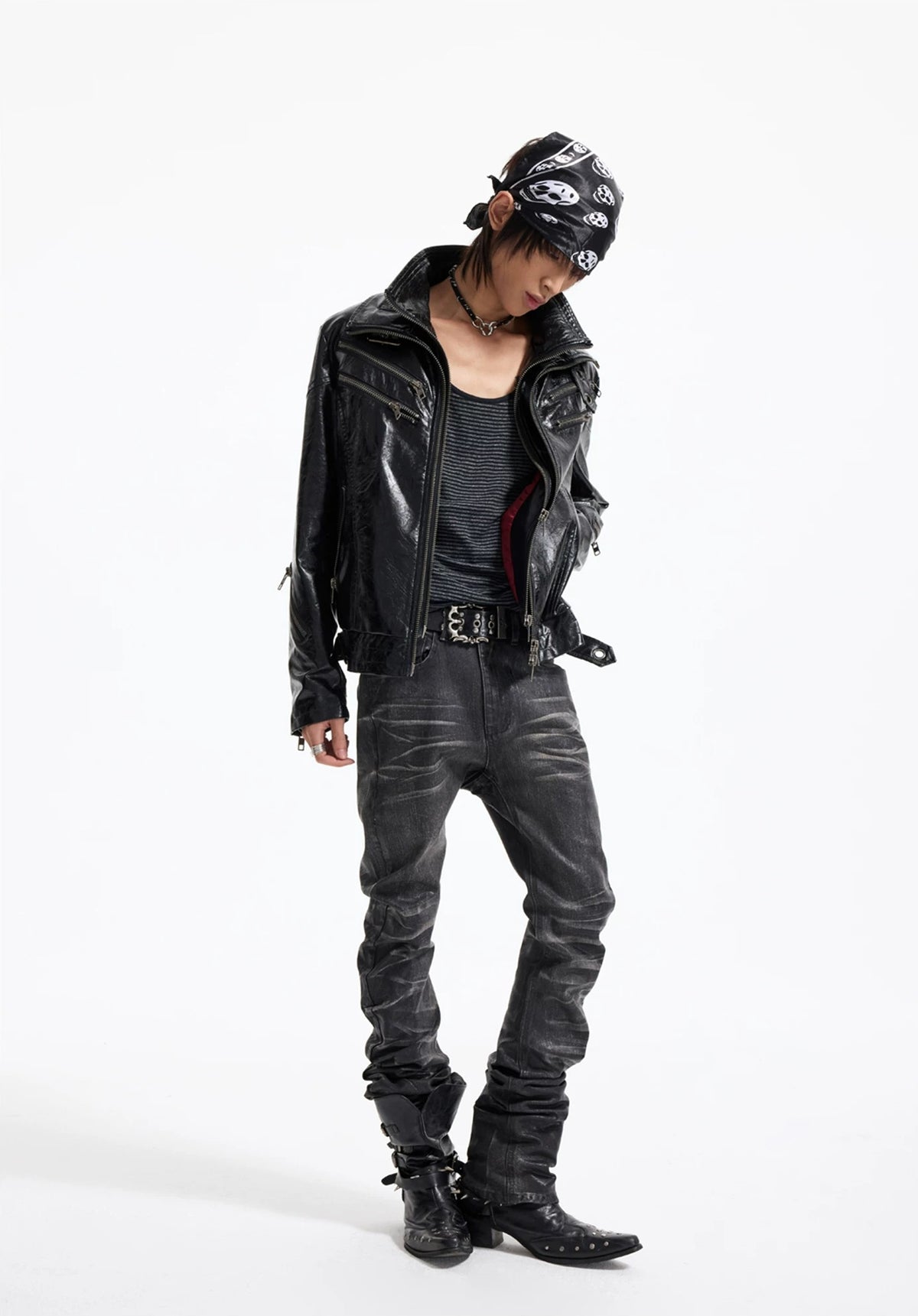 Lightinus Detachable Fur Collar Multi-Zip Faux Leather Jacket - Black full look