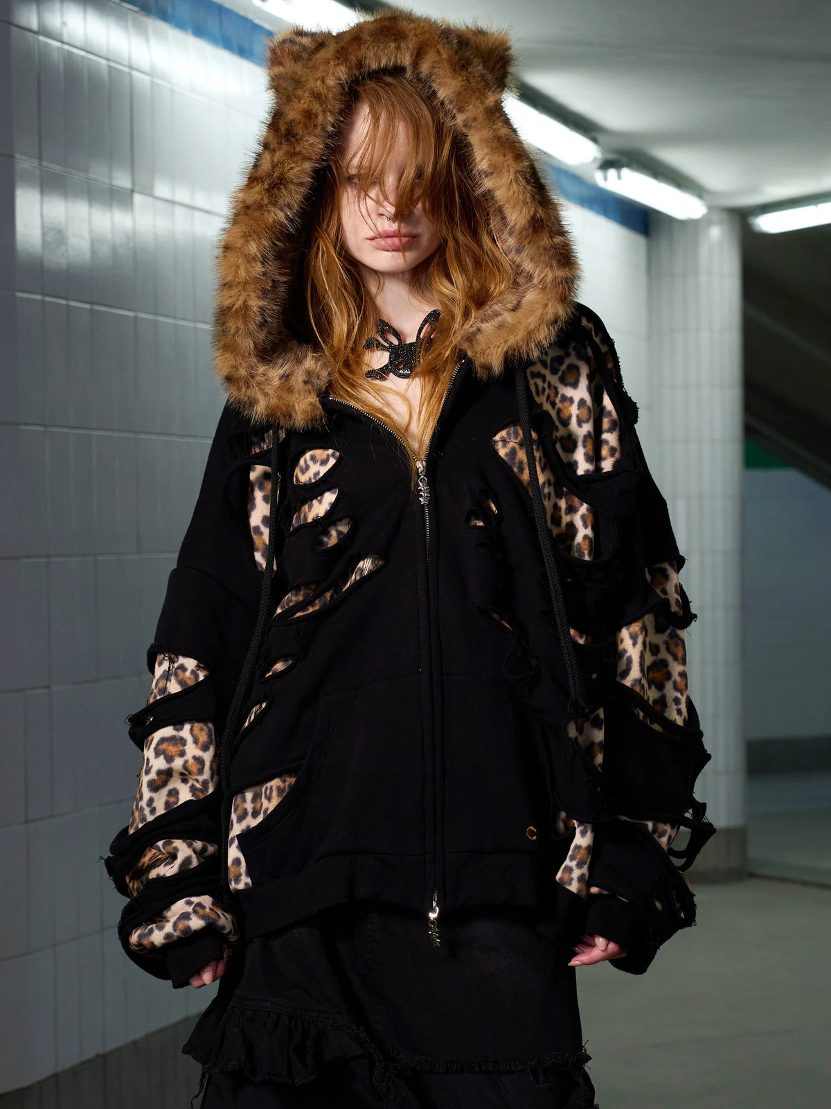 CFIERCE Leopard Layered Faux Fur Zip Hoodie - black zip hoodie with faux-fur leopard hood worn close front