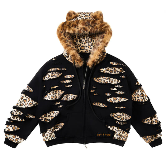 CFIERCE Leopard Layered Faux Fur Zip Hoodie - black leopard layered zip hoodie product front on white