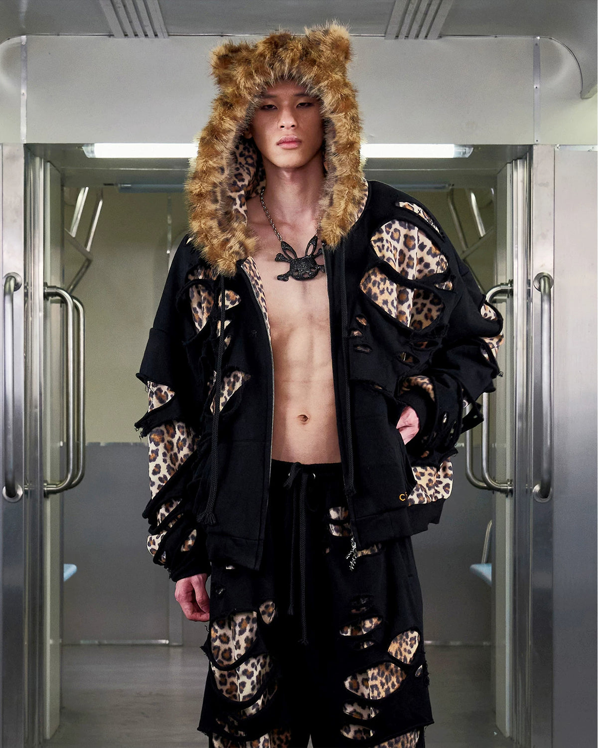 CFIERCE Leopard Layered Faux Fur Zip Hoodie - black leopard layered zip hoodie worn front with hood up