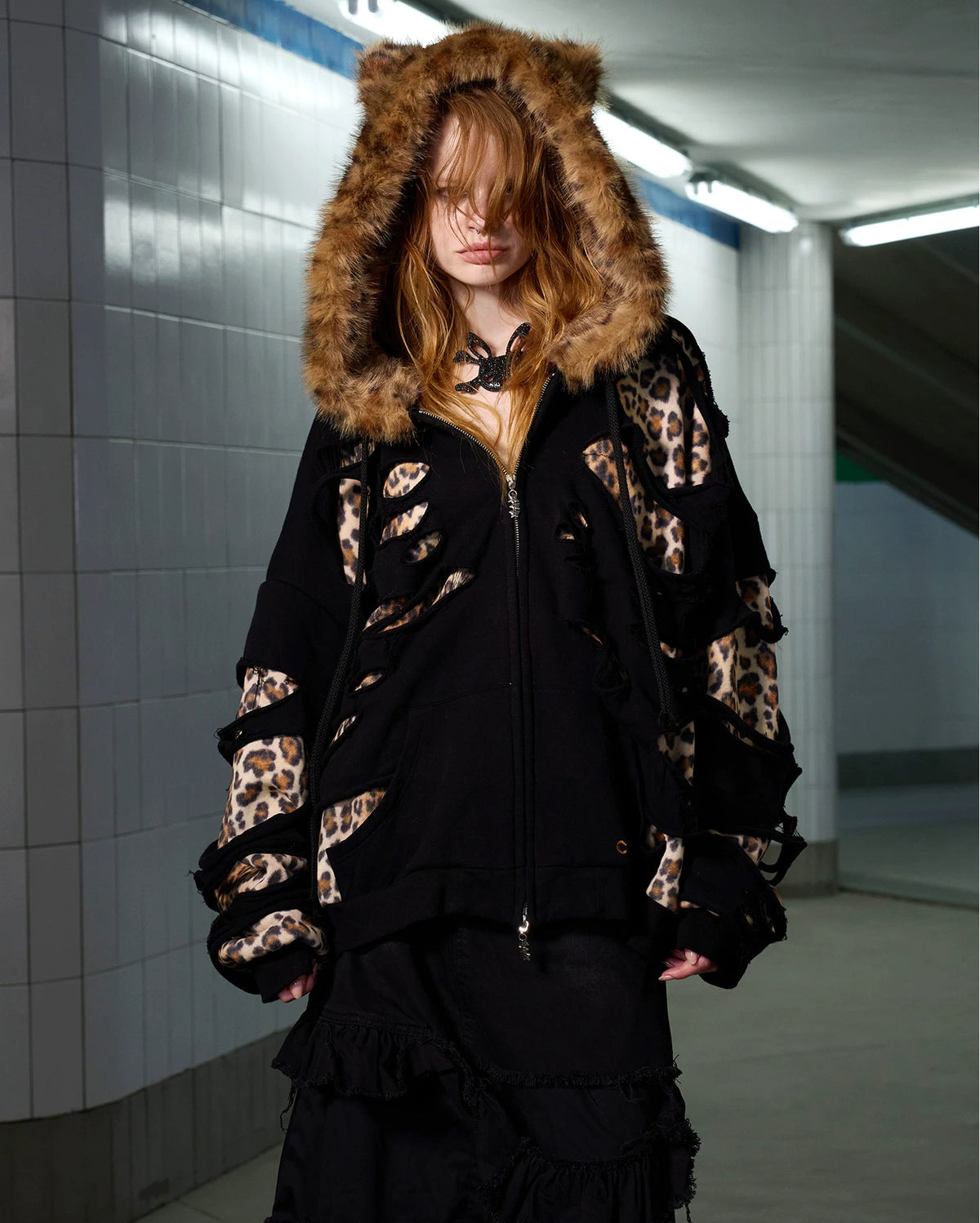 CFIERCE Leopard Layered Faux Fur Zip Hoodie - black leopard layered zip hoodie worn over skirt