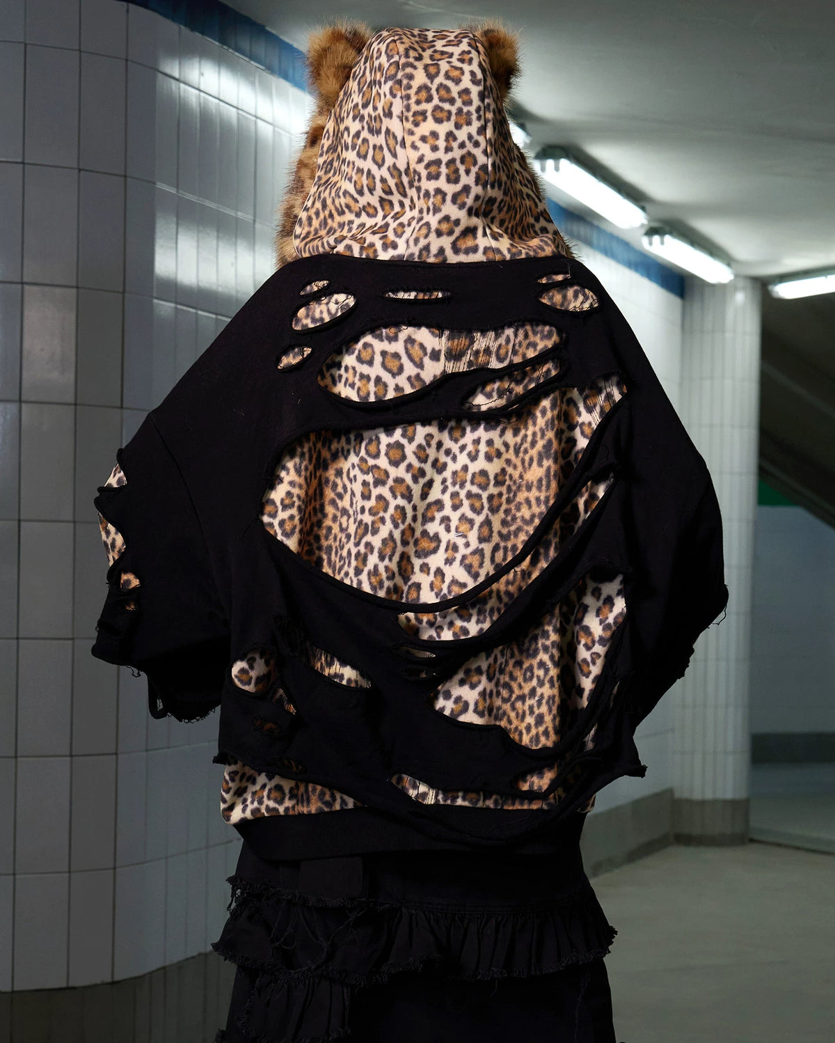 CFIERCE Leopard Layered Faux Fur Zip Hoodie - black leopard layered zip hoodie back showing leopard panel