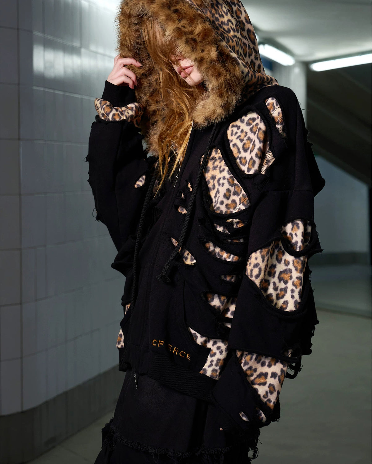 CFIERCE Leopard Layered Faux Fur Zip Hoodie - black leopard layered zip hoodie close view of hood and sleeve