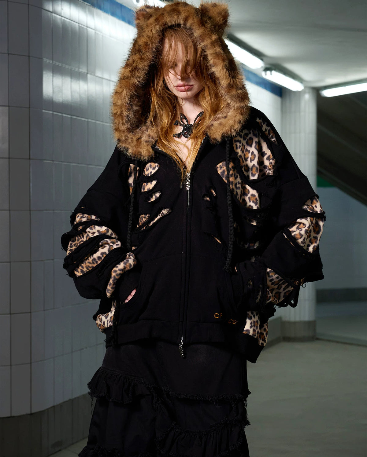 CFIERCE Leopard Layered Faux Fur Zip Hoodie - black leopard layered zip hoodie worn front with hands in pockets