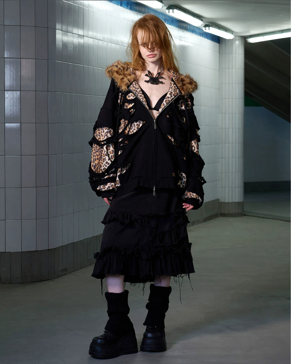 CFIERCE Leopard Layered Faux Fur Zip Hoodie - black leopard layered zip hoodie worn in layered skirt styling