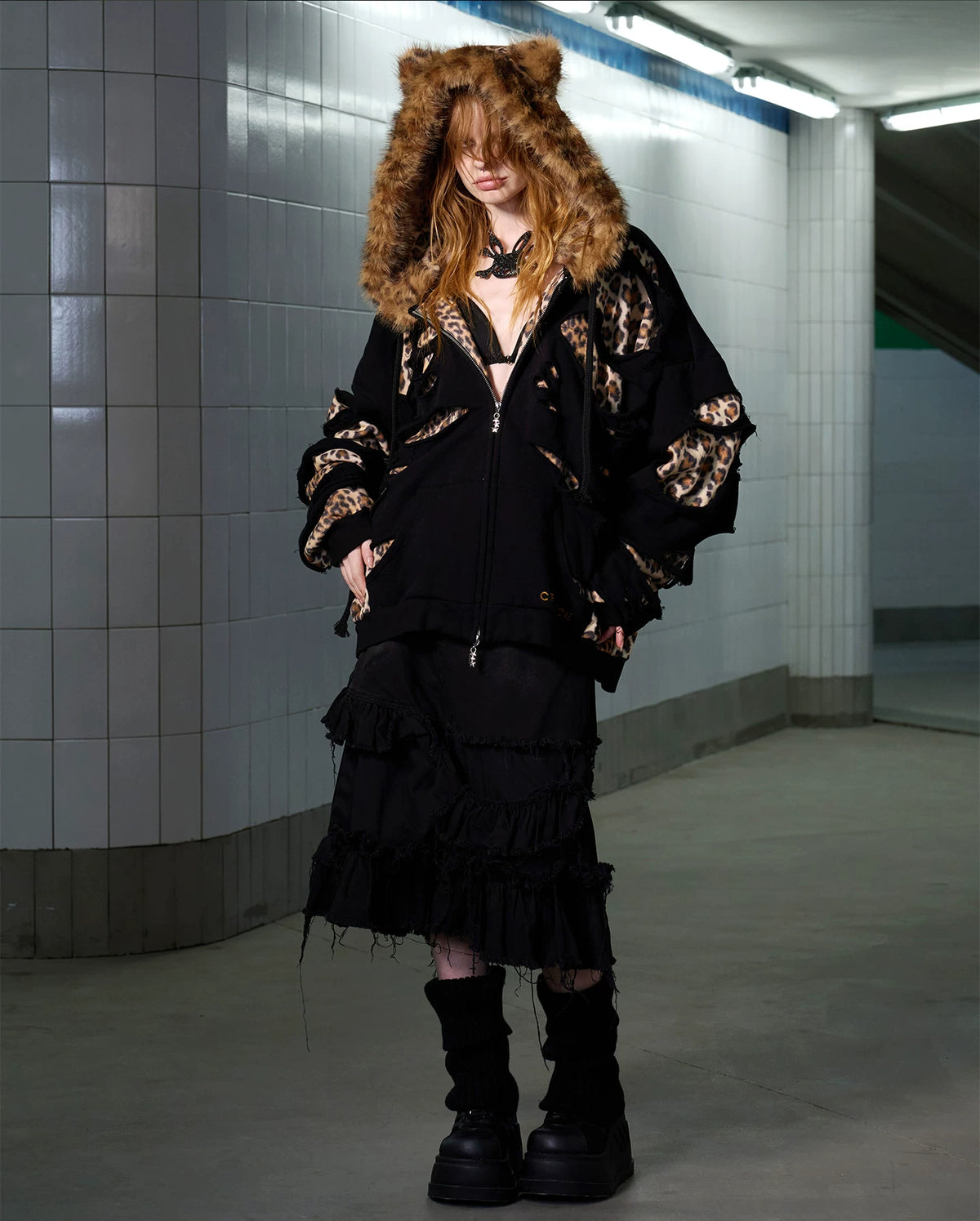 CFIERCE Leopard Layered Faux Fur Zip Hoodie - black leopard layered zip hoodie close front in skirt outfit