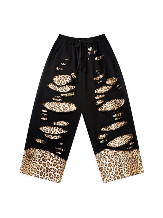 CFIERCE Leopard-Panel Ripped Double-Layer Sweatpants - white background front