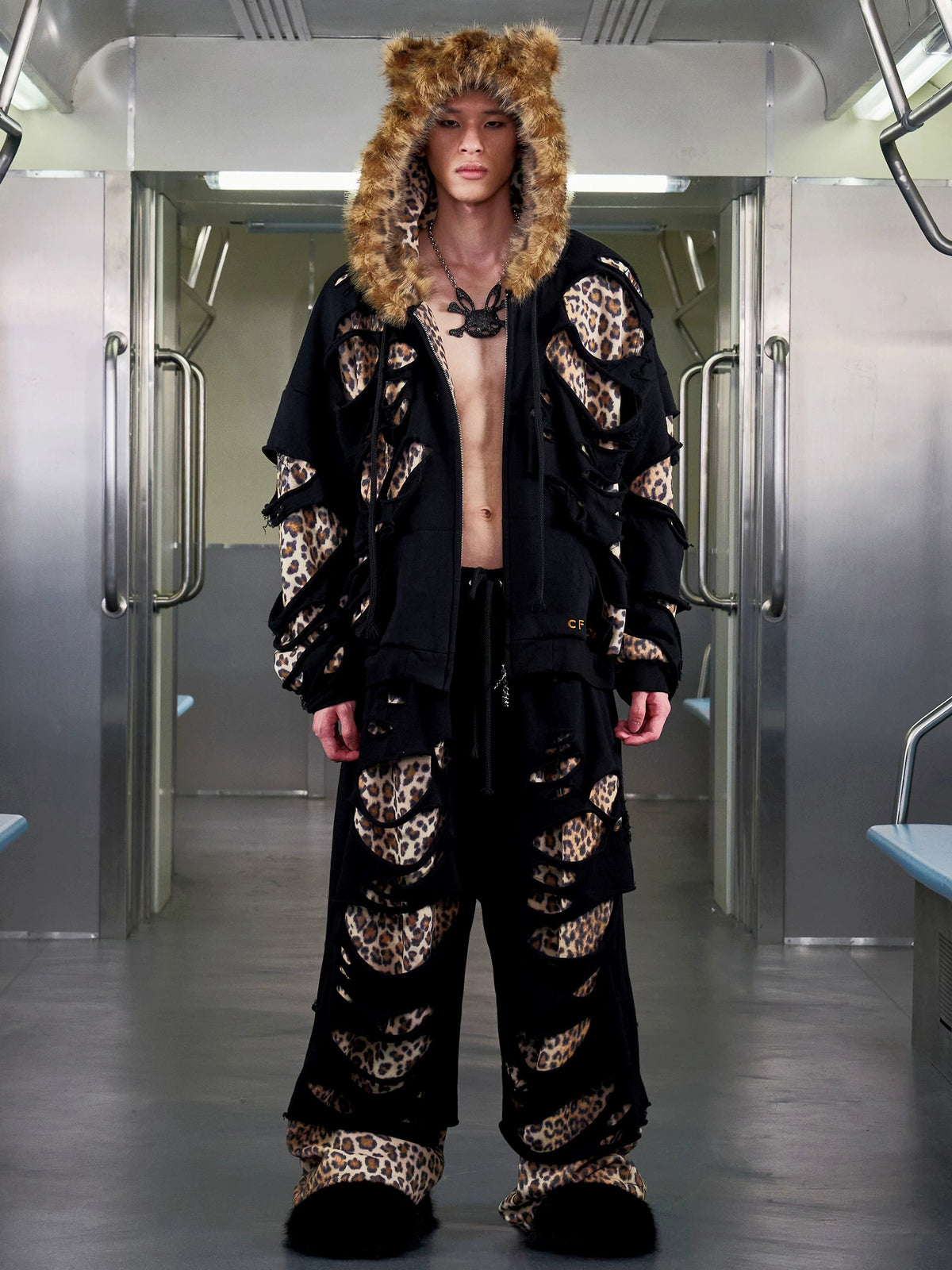 CFIERCE Leopard-Panel Ripped Double-Layer Sweatpants - view 3