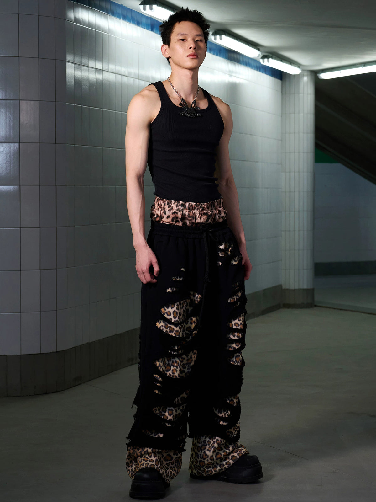 CFIERCE Leopard-Panel Ripped Double-Layer Sweatpants - view 4