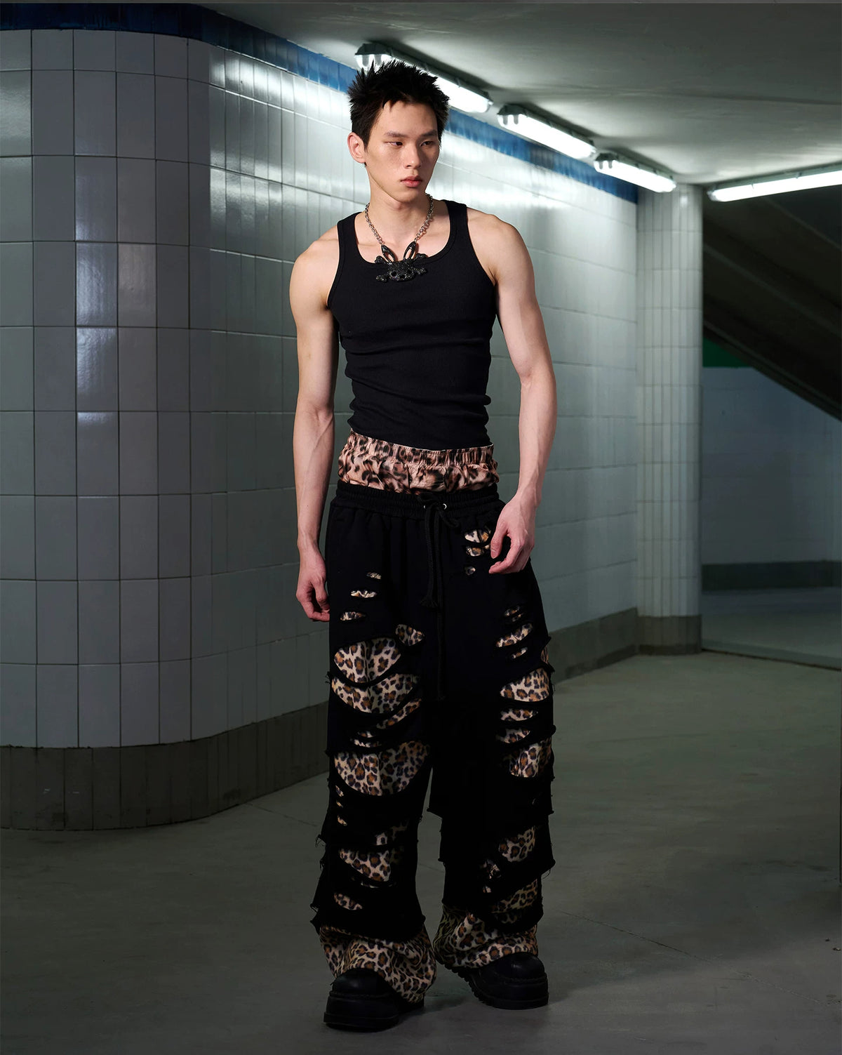 CFIERCE Leopard-Panel Ripped Double-Layer Sweatpants - view 6