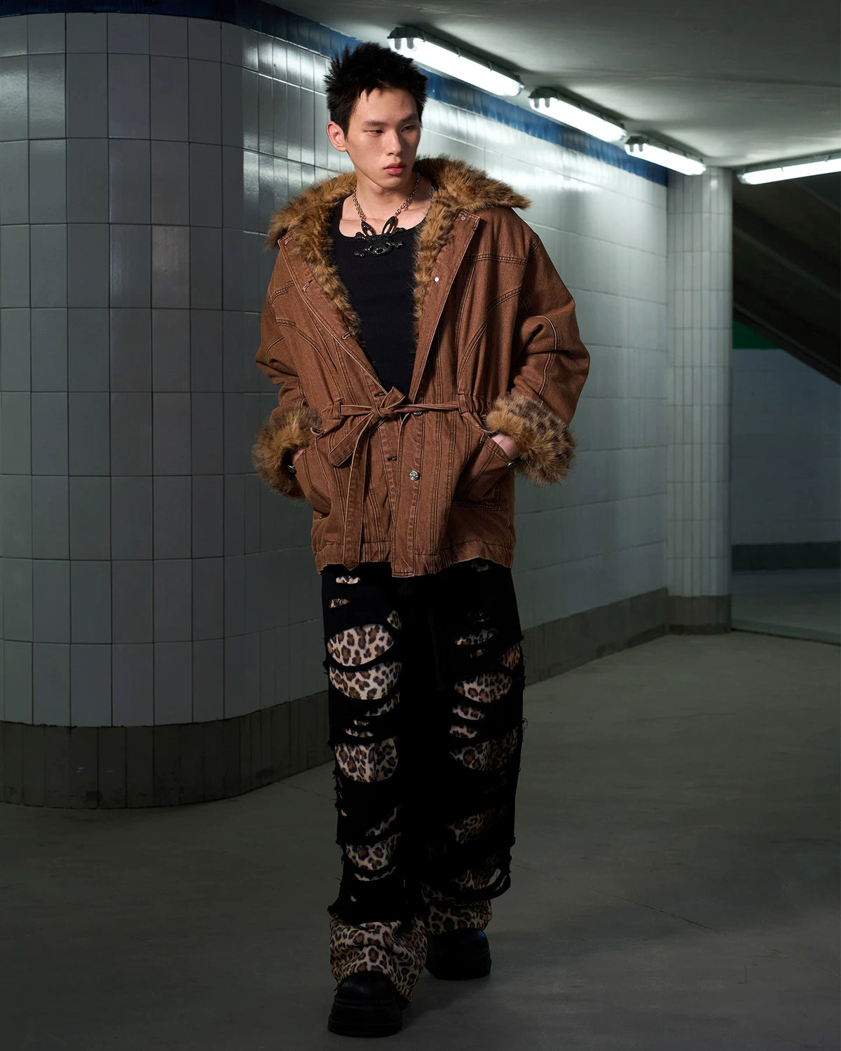 CFIERCE Leopard-Panel Ripped Double-Layer Sweatpants - view 9