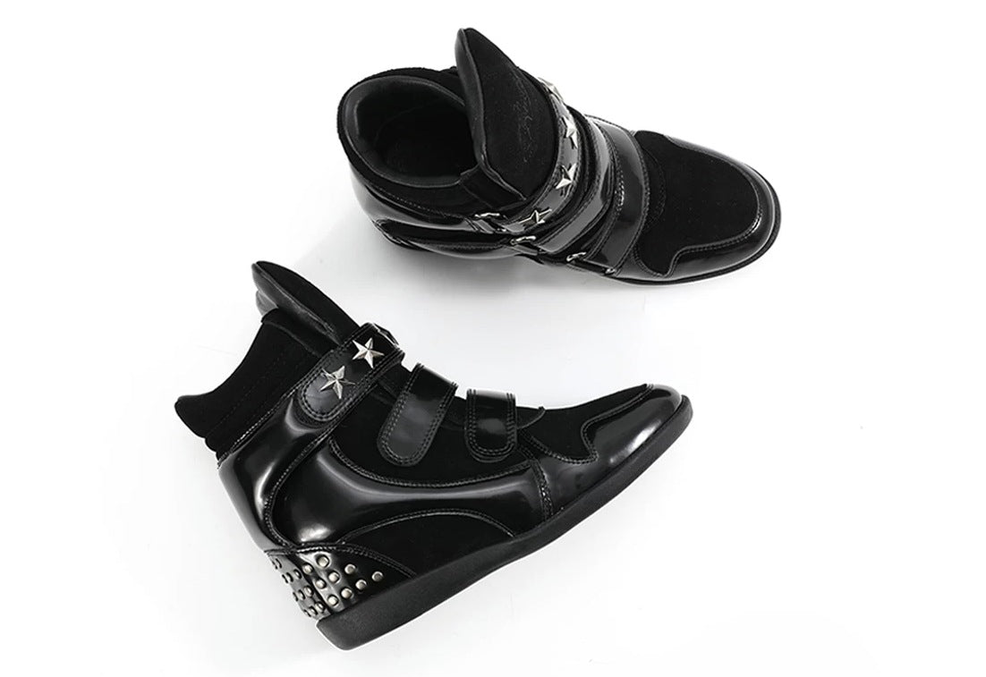 noEmosen Star Studded High-Top Wedge Sneakers - Black patent pair top view