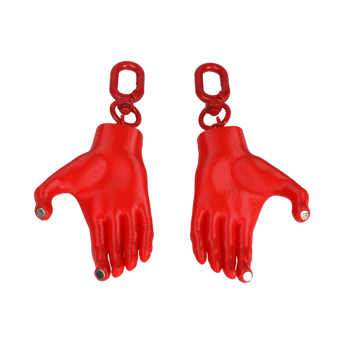 Two separated red hand-shaped necklace ends showing magnetic tips