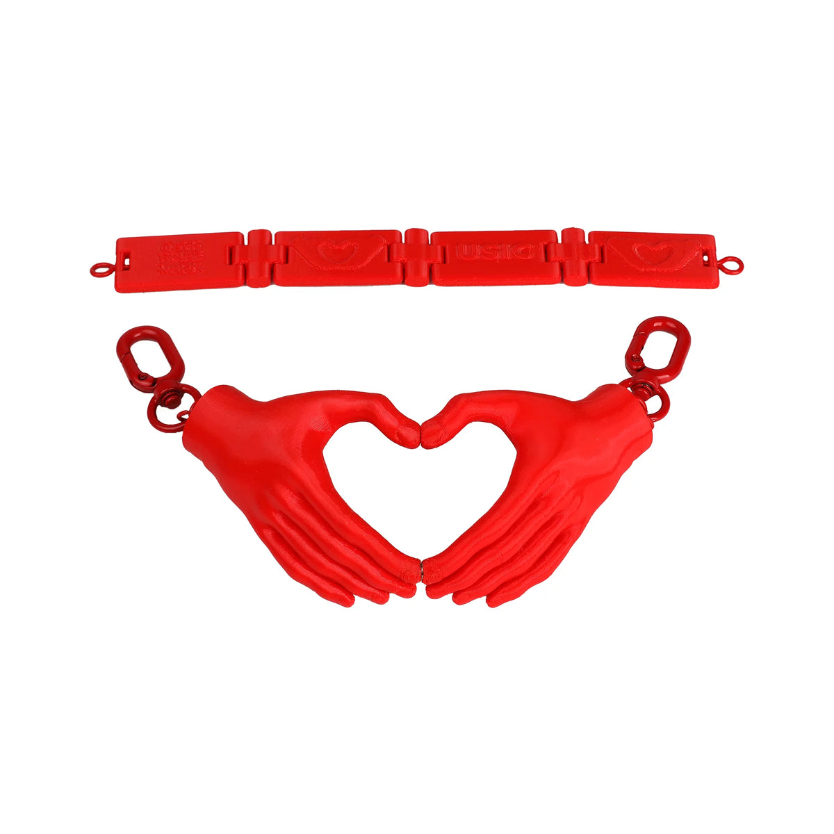 Red heart hands necklace laid open showing linked neckband