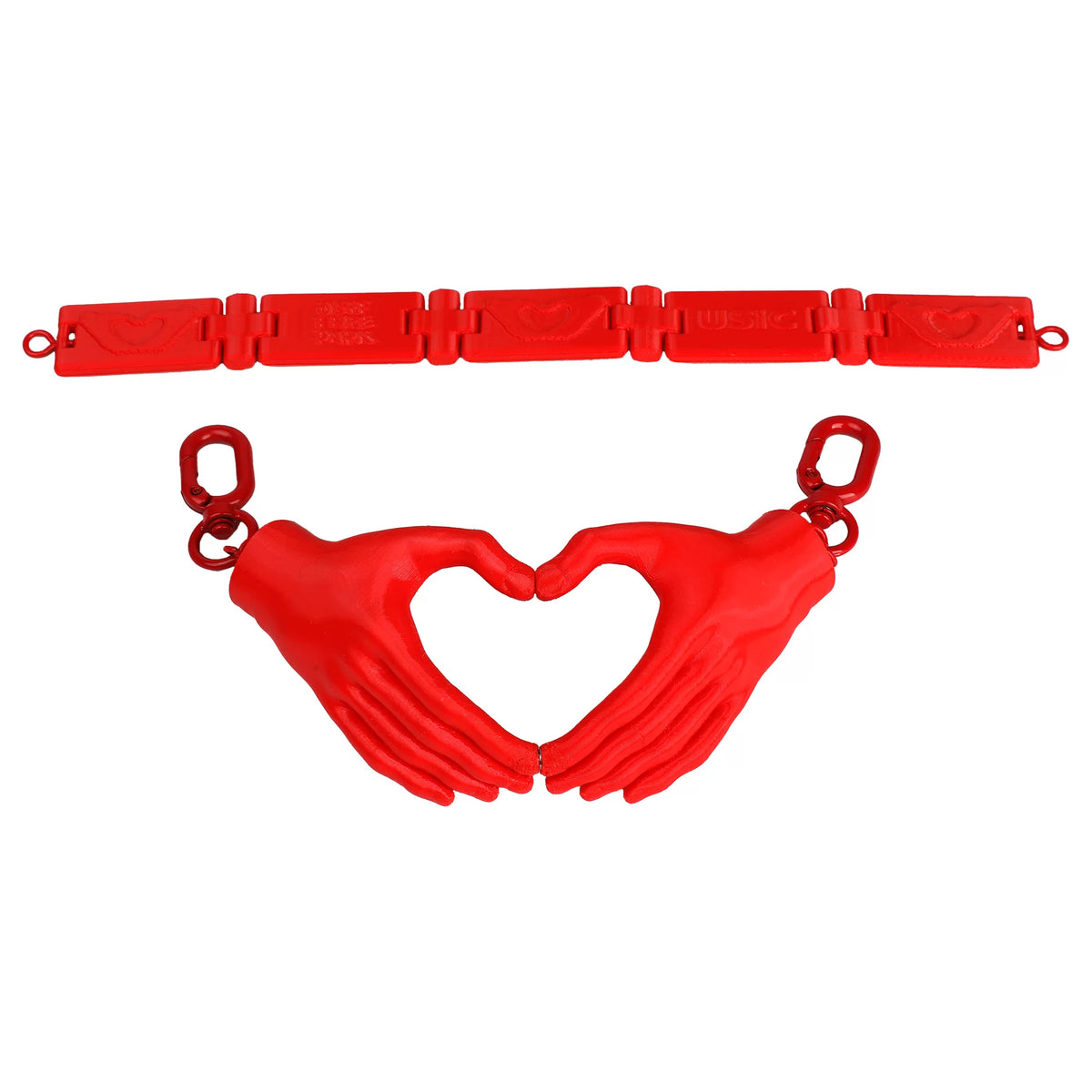 Full red heart hands necklace laid open on white background