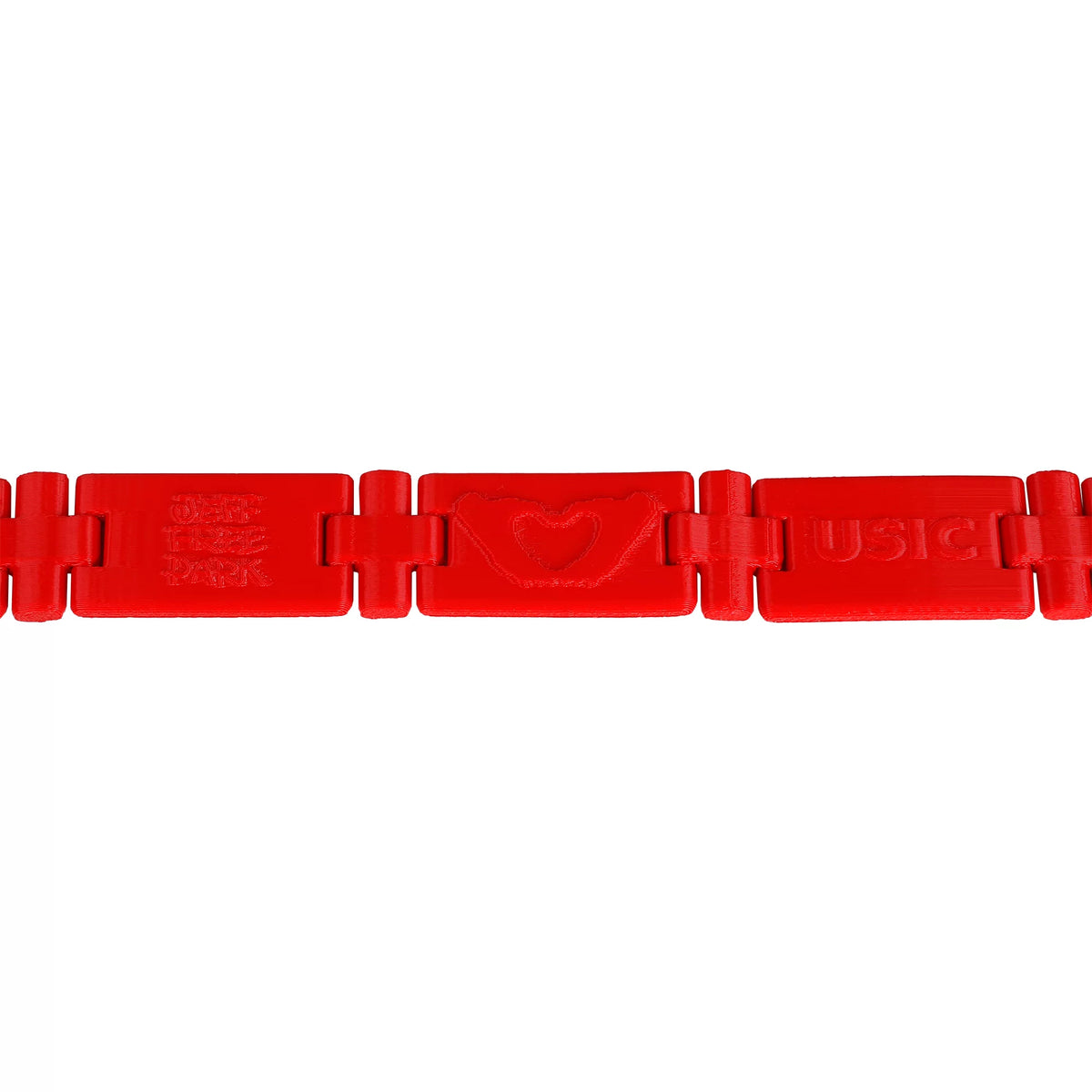 Close detail of the red linked neckband and USIC and JEFF FREE PARK markings