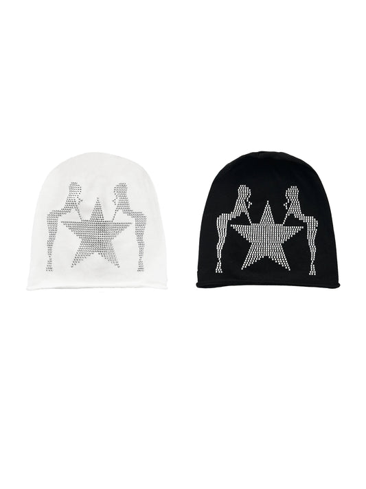 Rhinestone Star Pin-Up Beanie - White and Black flat lay