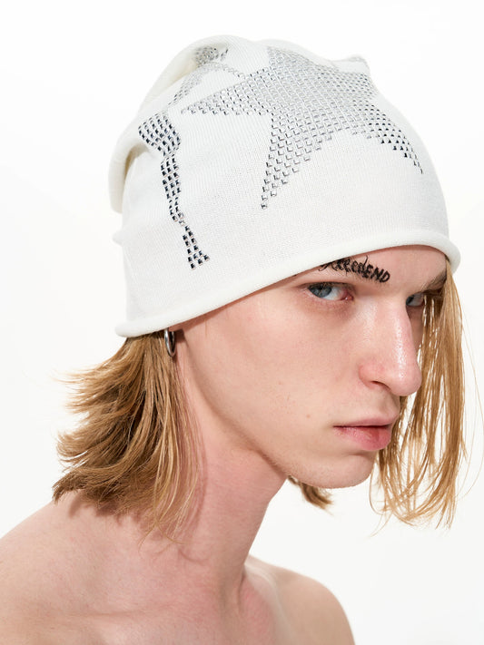 Rhinestone Star Pin-Up Beanie - White side view