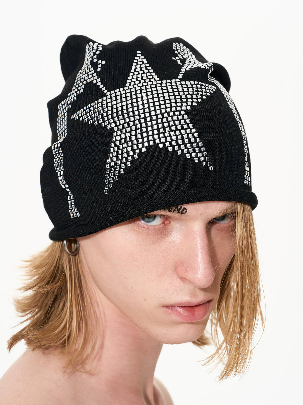 Rhinestone Star Pin-Up Beanie - Black front
