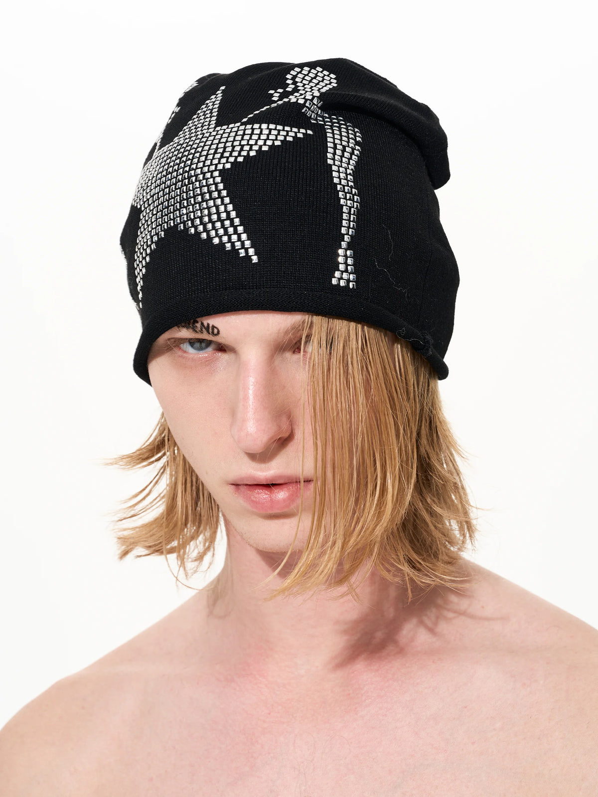 Rhinestone Star Pin-Up Beanie - Black on model