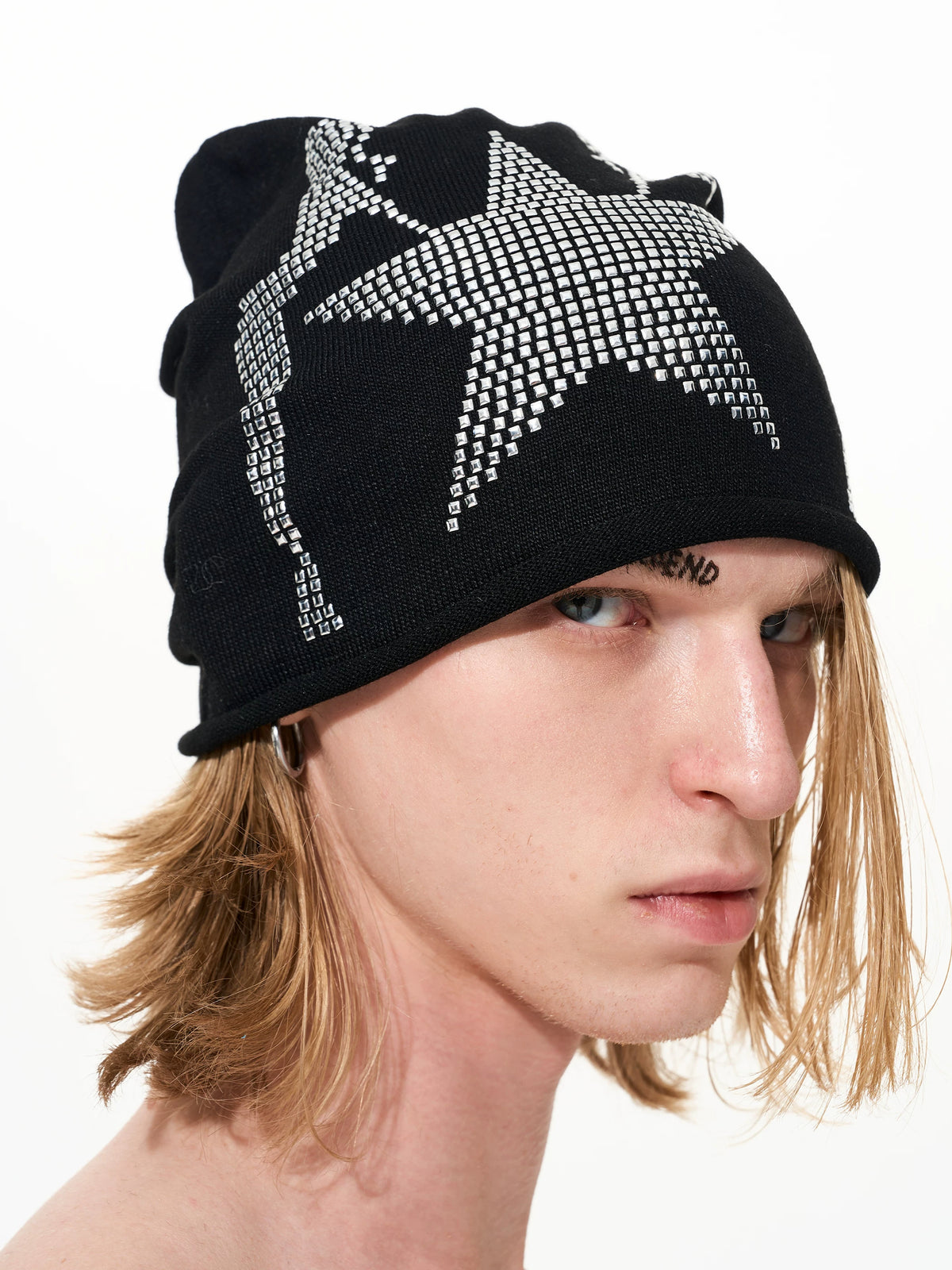 Rhinestone Star Pin-Up Beanie - Black three-quarter view