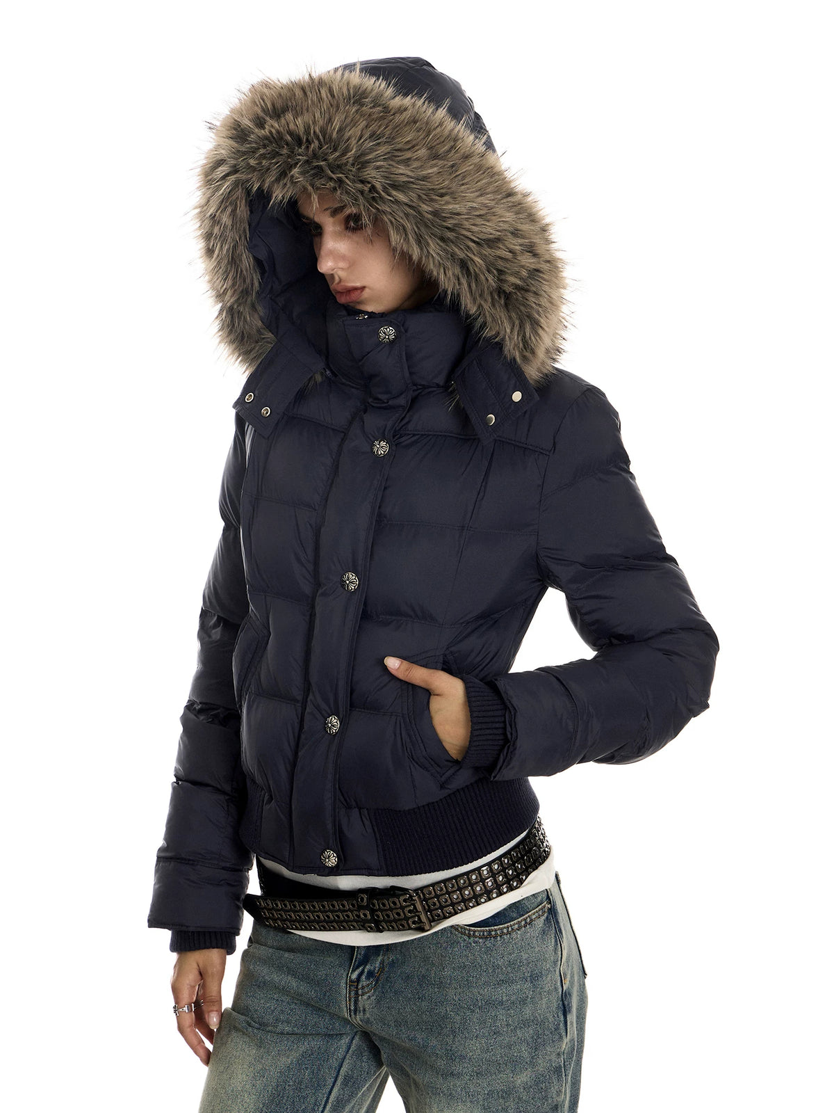 0123Start Navy Detachable Fur Hood Cropped Puffer Jacket - Navy hood up