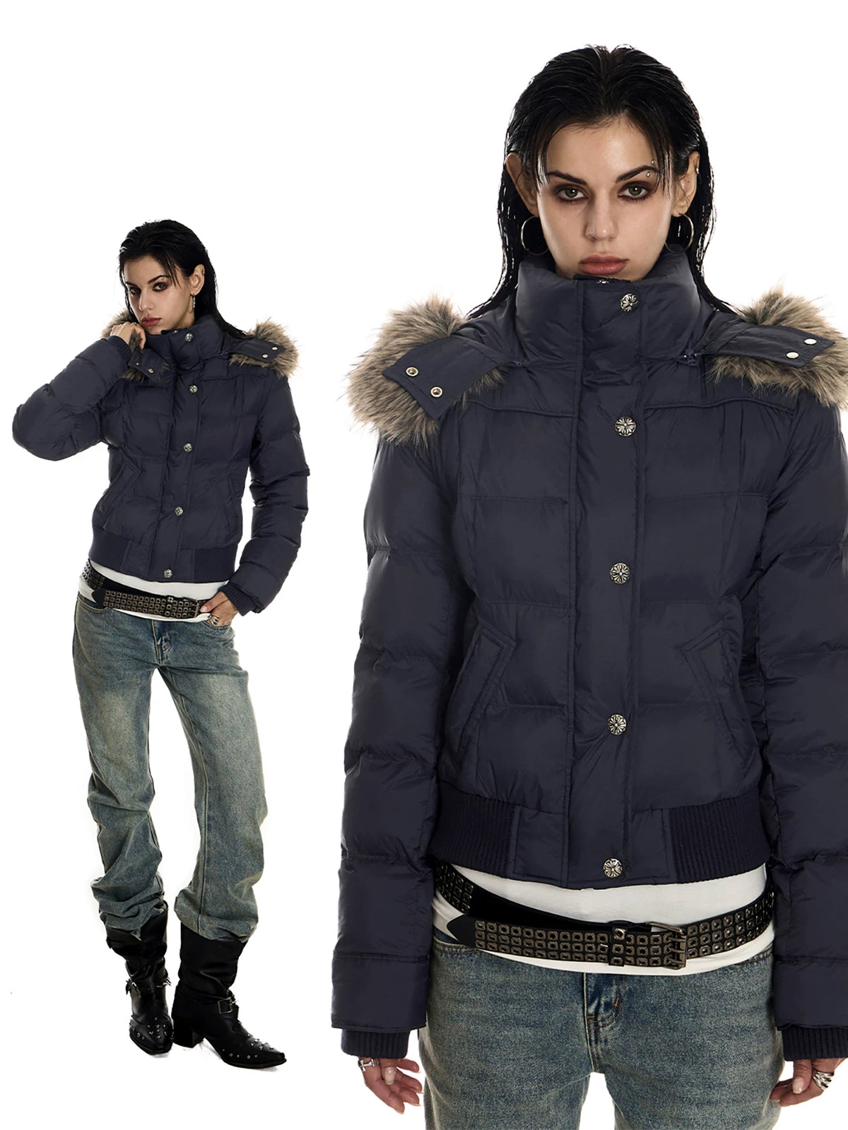 0123Start Navy Detachable Fur Hood Cropped Puffer Jacket - Navy full look