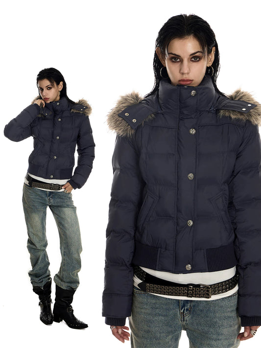 0123Start Navy Detachable Fur Hood Cropped Puffer Jacket - Navy full look