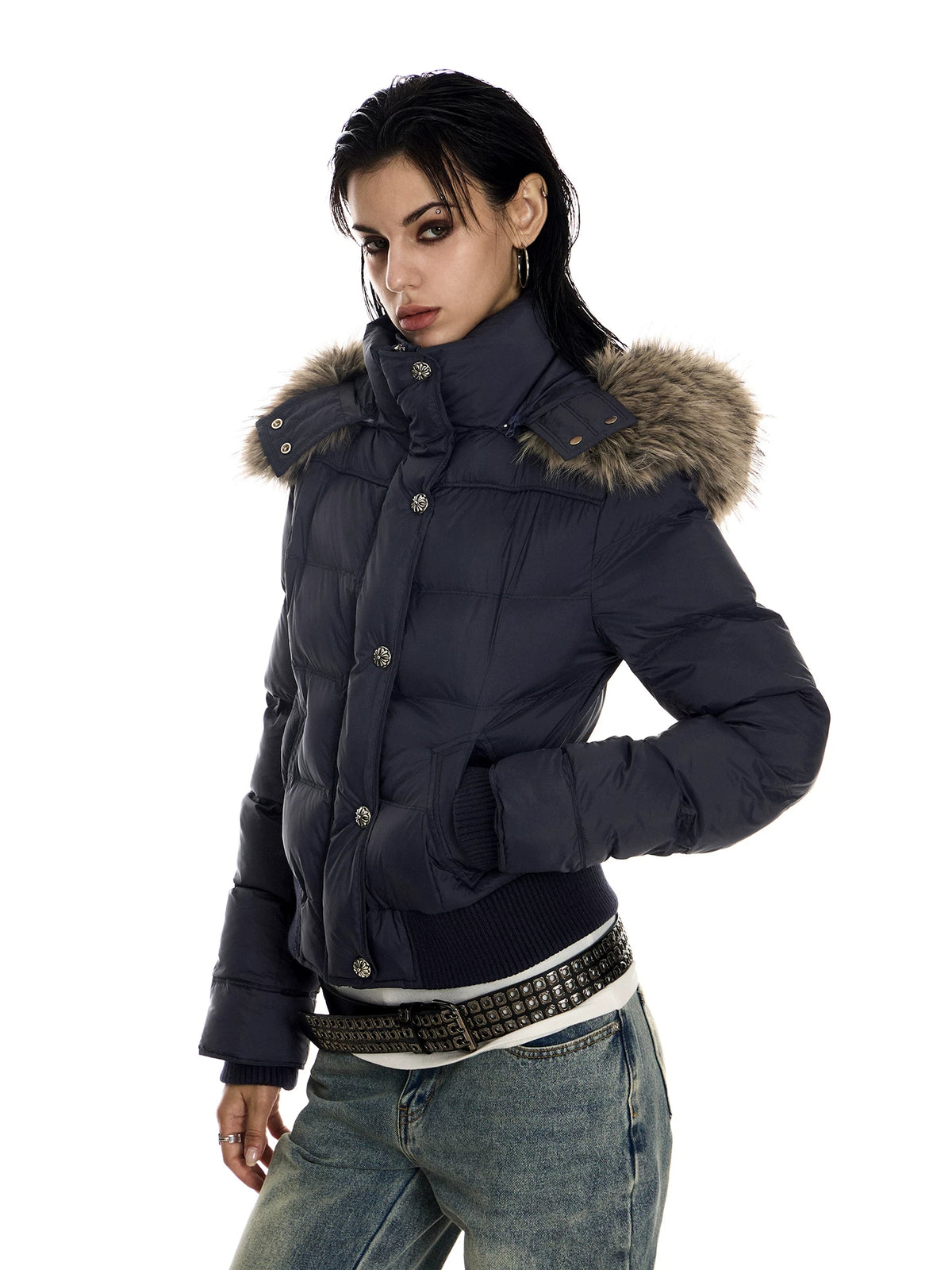 0123Start Navy Detachable Fur Hood Cropped Puffer Jacket - Navy three-quarter view