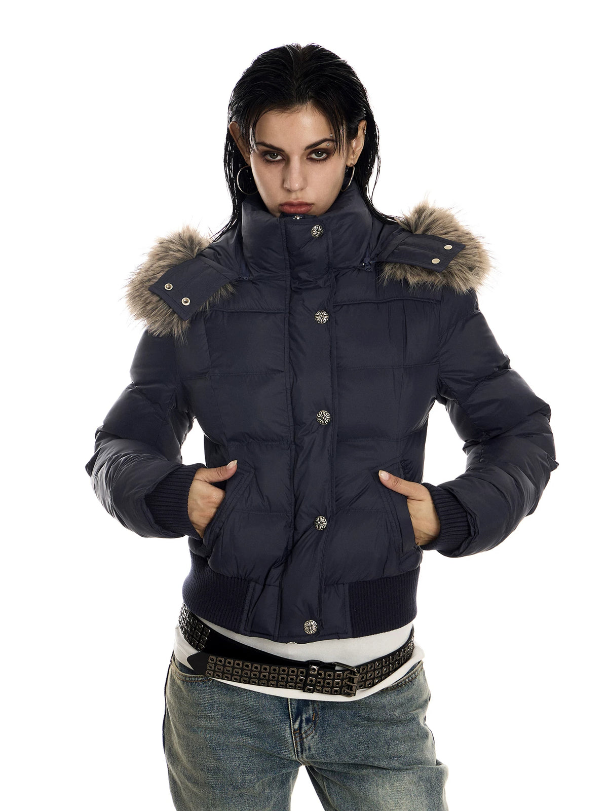 0123Start Navy Detachable Fur Hood Cropped Puffer Jacket - Navy hands in pockets