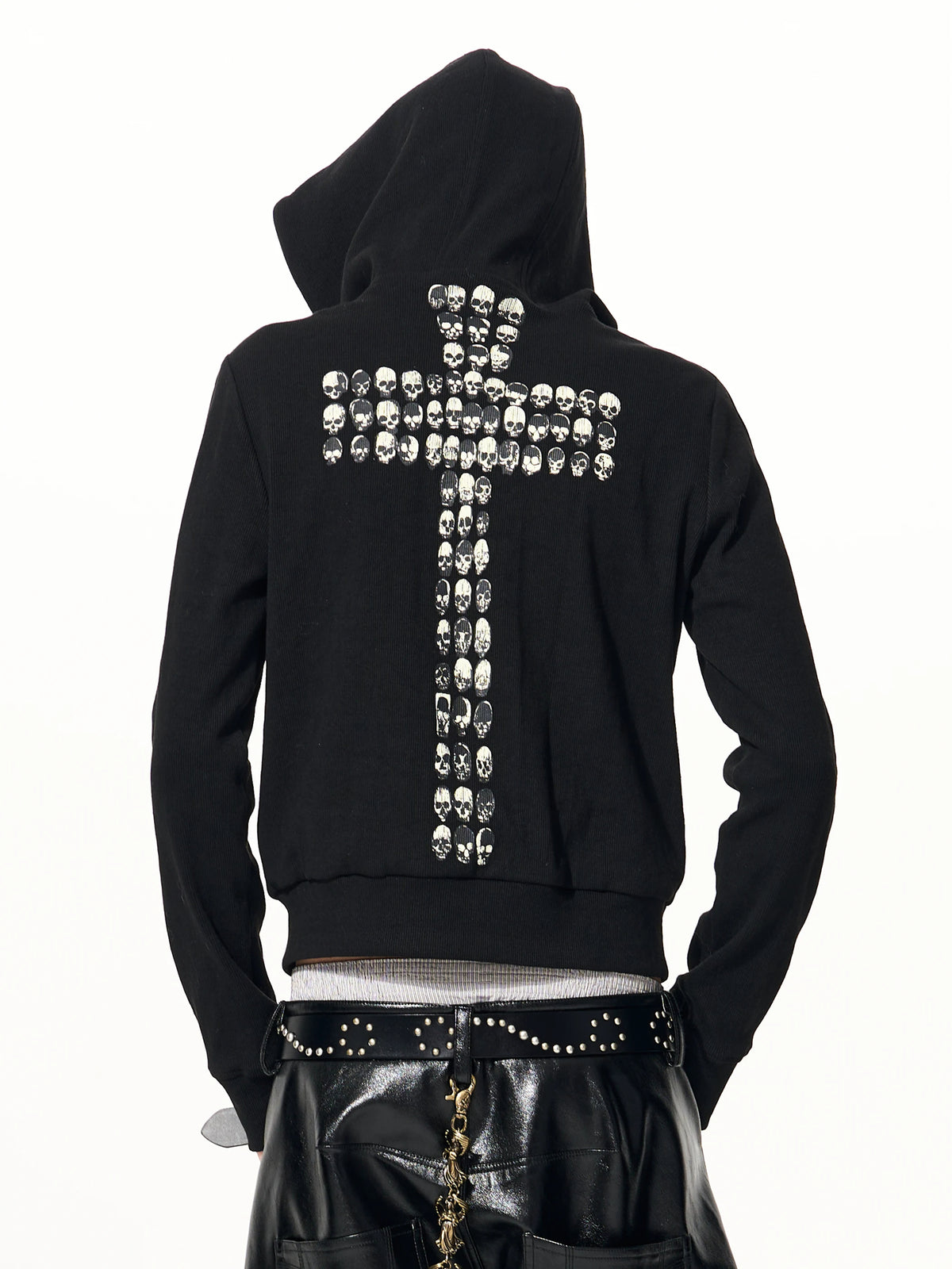 Back view of black zip hoodie with large skull-print cross