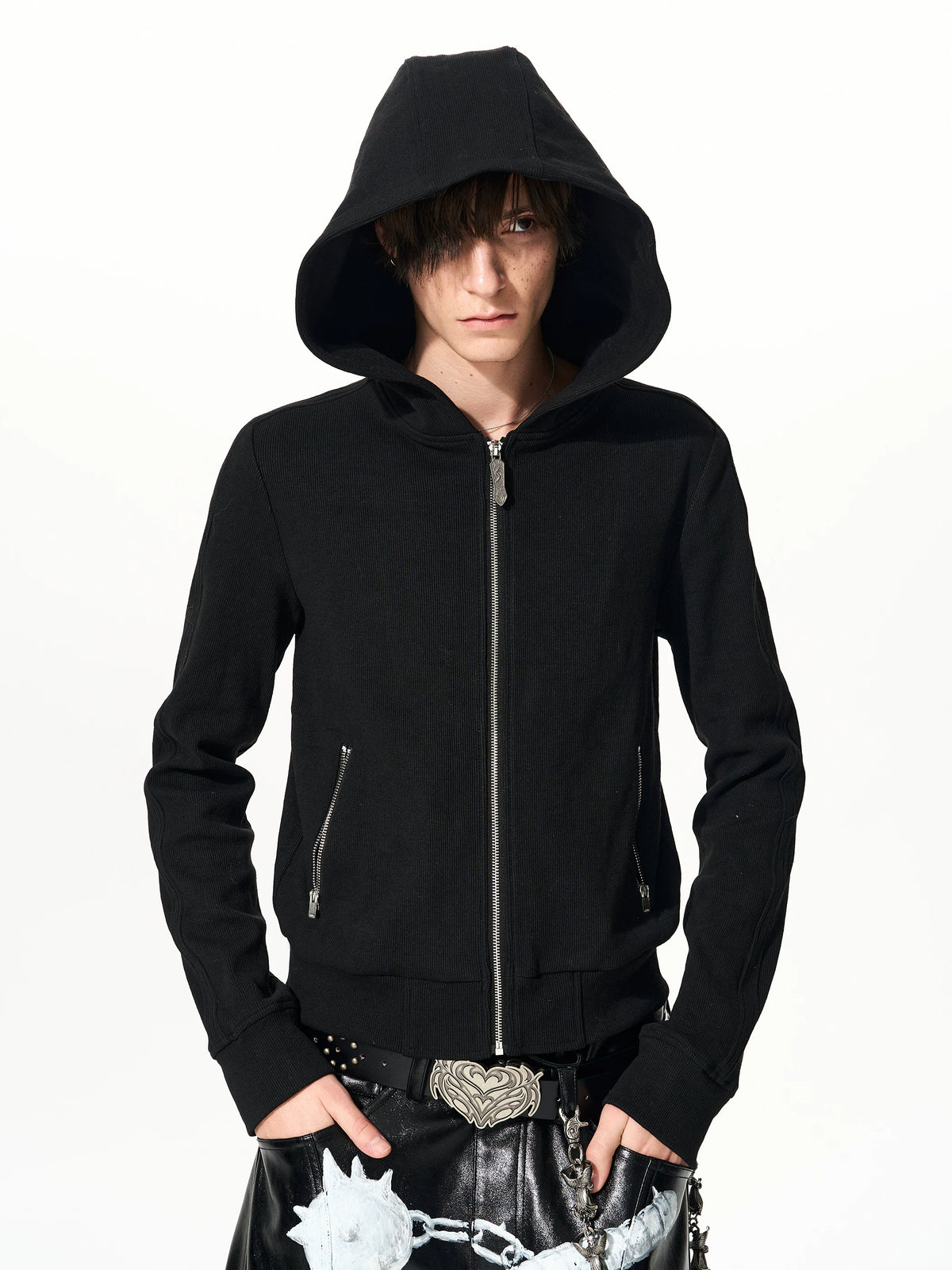 Front view of black zip hoodie with two zip pockets