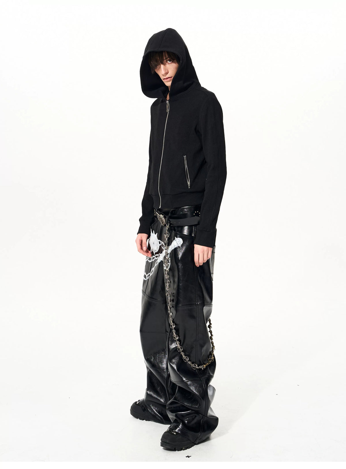 Side view of black zip hoodie and zip pockets