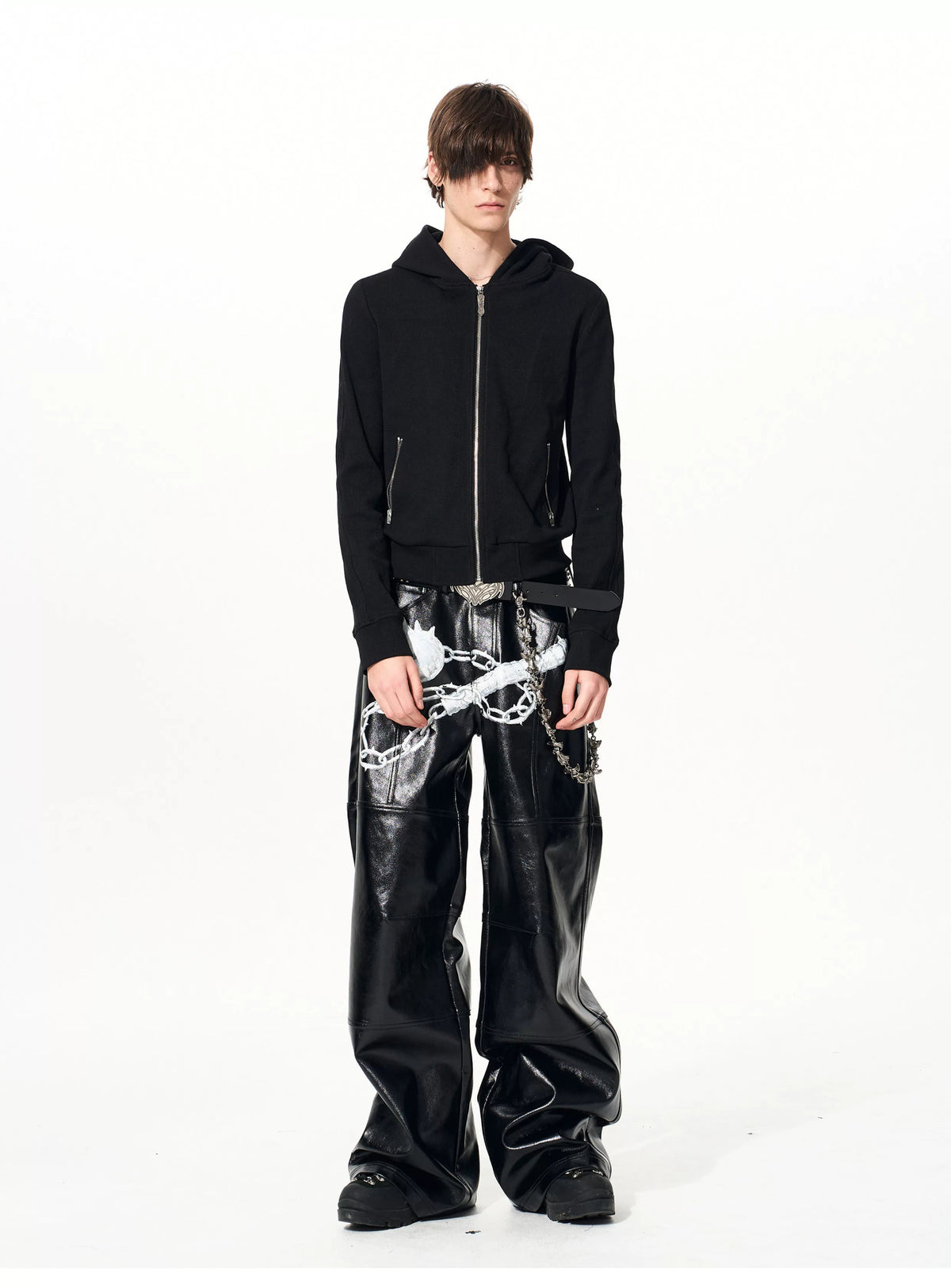 Front view of zip hoodie with hood down
