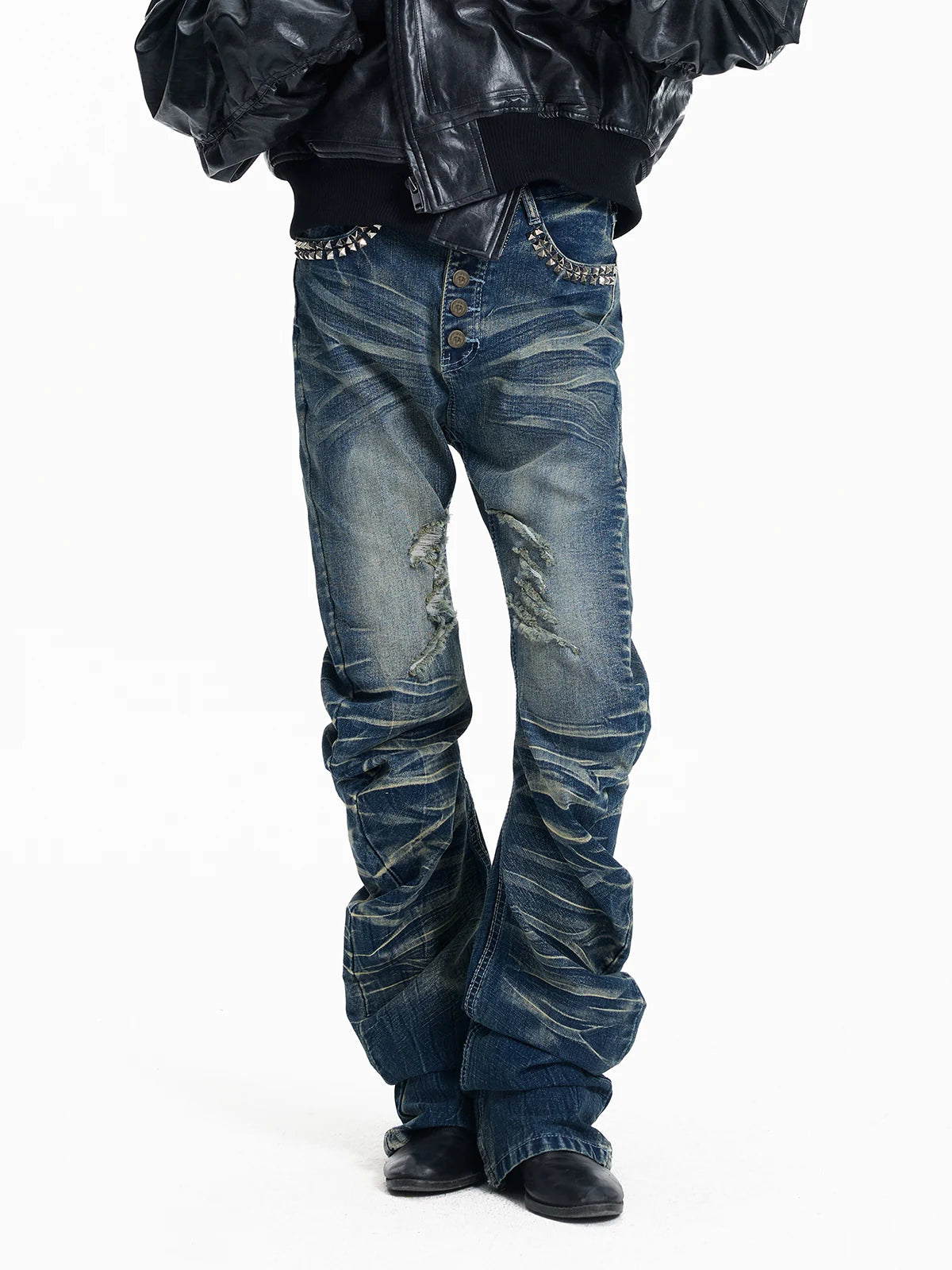 Cracked Wash Whiskered Stacked Saber Fit Jeans - Black front