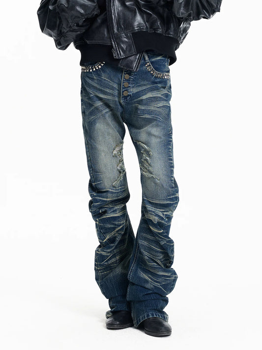 Cracked Wash Whiskered Stacked Saber Fit Jeans - Black front