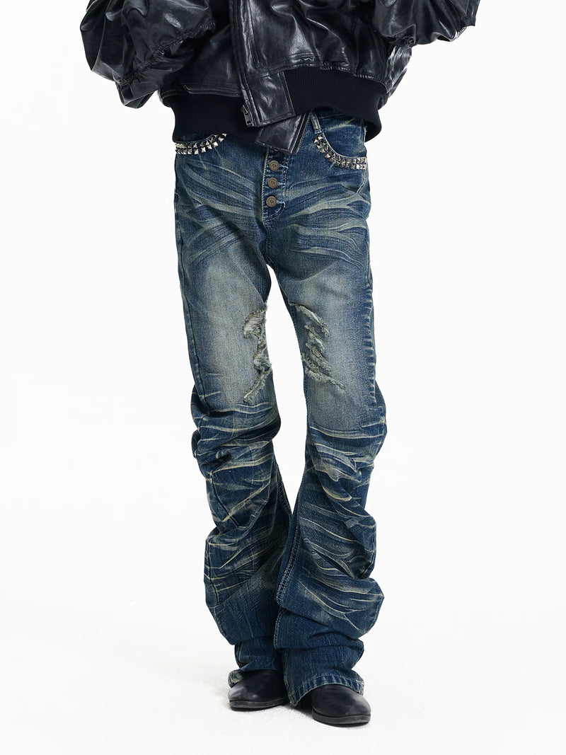 Cracked Wash Whiskered Stacked Saber Fit Jeans - Black front