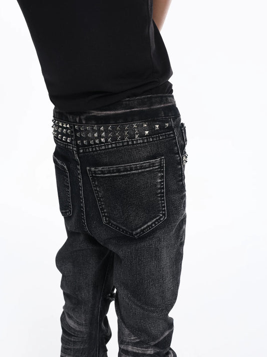 Cracked Wash Whiskered Stacked Saber Fit Jeans - Black front close-up