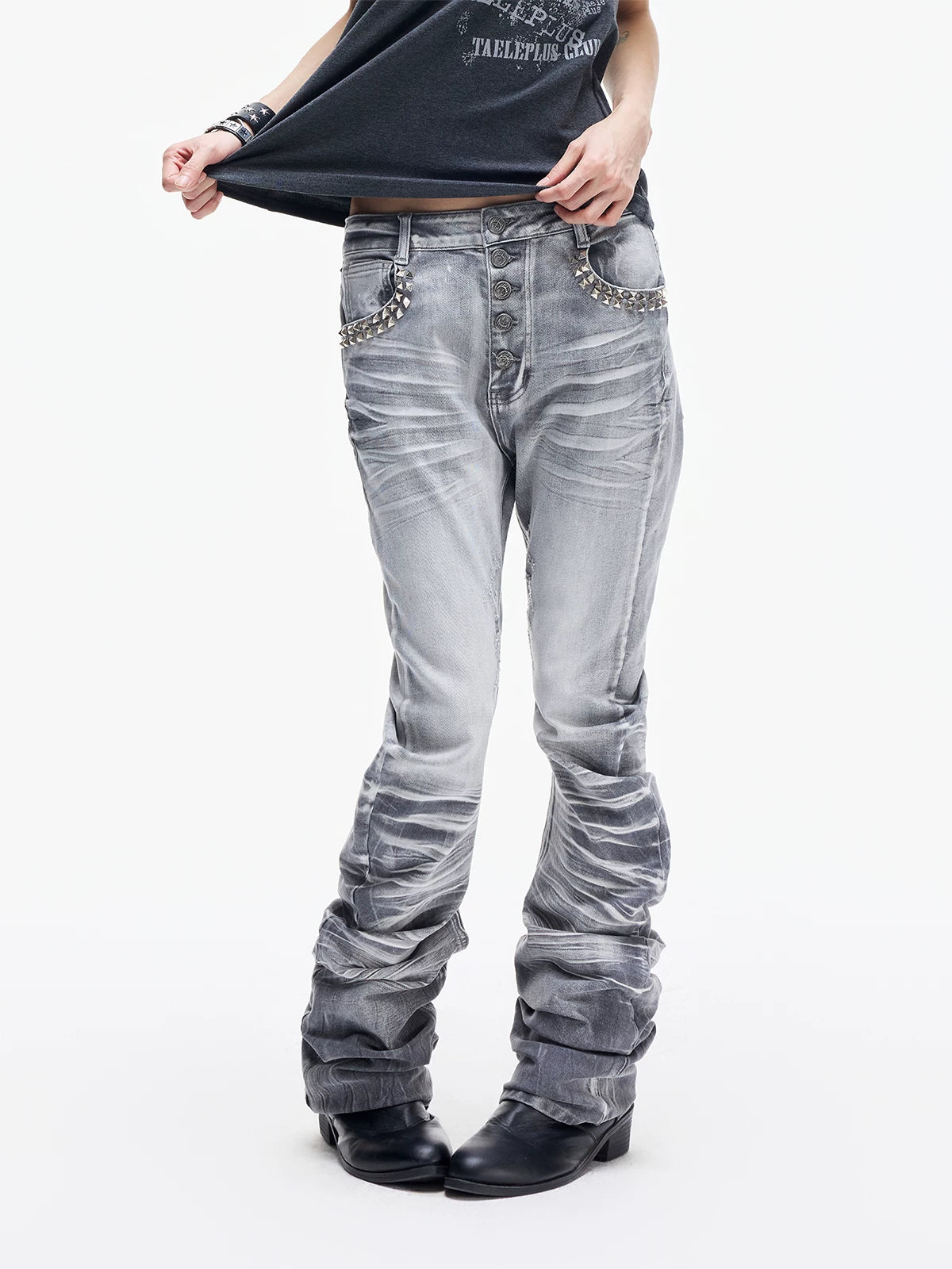 Cracked Wash Whiskered Stacked Saber Fit Jeans - Black styled with biker jacket