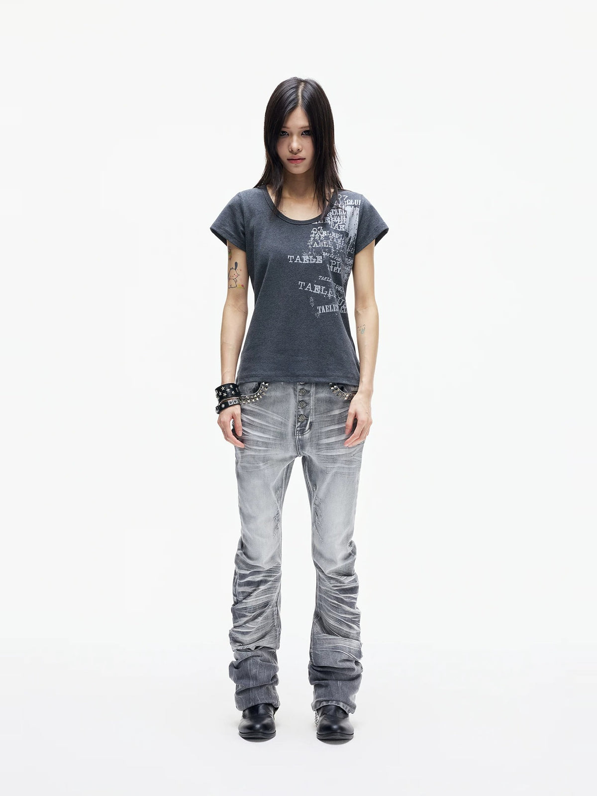 Lightinus Studded Cracked Wash Stacked Saber Jeans - Smoke Gray front view